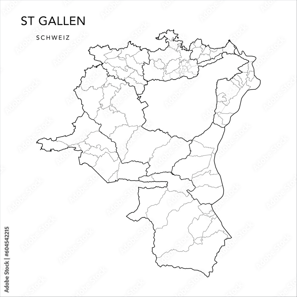 Vector Map of the Canton of St Gall (St. Gallen) with the Administrative Borders of Constituencies (Wahlkreise), Municipalities and Urban Districts and Quarters of St Gallen as of 2023 - Switzerland