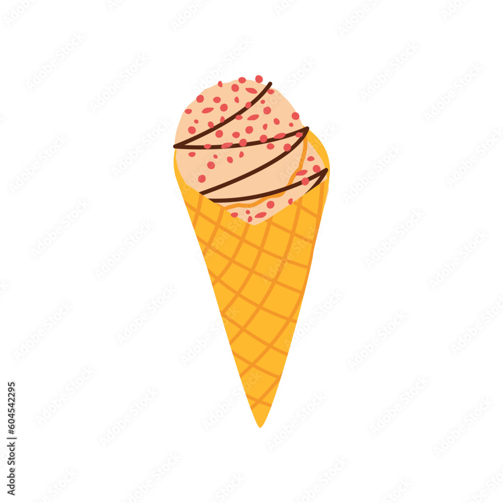 Colorful creamy ice cream in a waffle cone with chocolate syrup vector illustration. Color minimalistic summer illustration Colorful creamy ice cream in a waffle cone with chocolate syrup vector illustration. Color minimalistic summer illustration