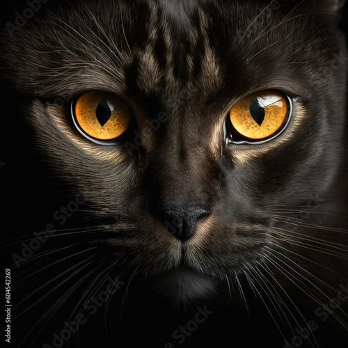 Close-up of a black cat with yellow eyes, generative ai technology
