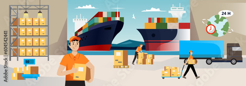 Sea shipping flat illustration  banner. Logistic company wide size depot cargo port