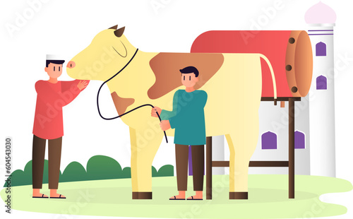 islamic design illustration concept for Happy eid al adha or sacrifice celebration event with people