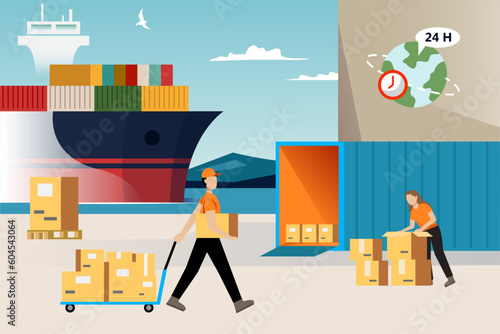 Sea shipping transportation flat illustration logistic company depot container ship cargo export import concept 
