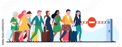 Restrictions on entry or exit, disgruntled passengers standing in front of sign passage is closed. Entrance to airport or private property. Cartoon flat style isolated vector concept