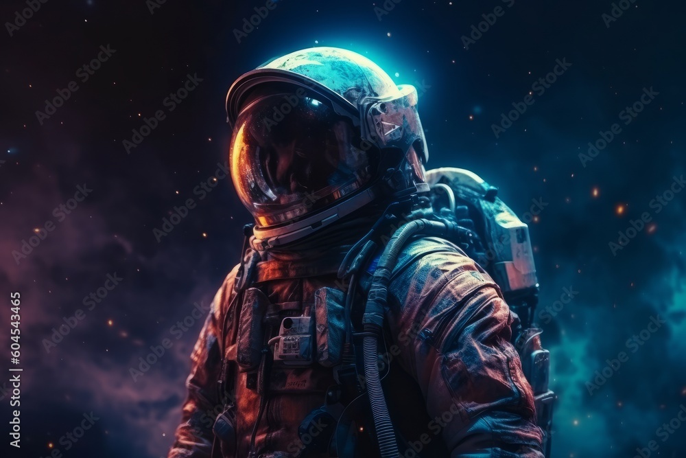 Astronaut in a space suit and helmet in outer space in the background of the night city. Science fiction. 3D rendering. Neon Light, generative Ai