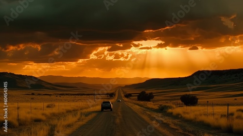 Dramatic sunset over a rural road in the Arizona desert, generative Ai