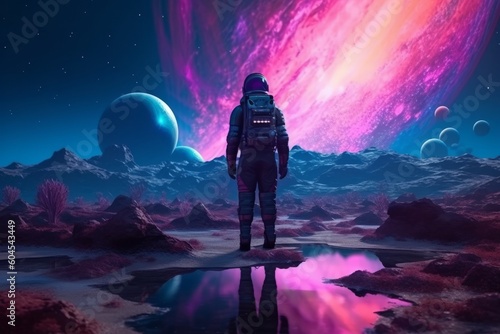 Astronaut in outer space. Fantasy landscape. 3D rendering, generative Ai