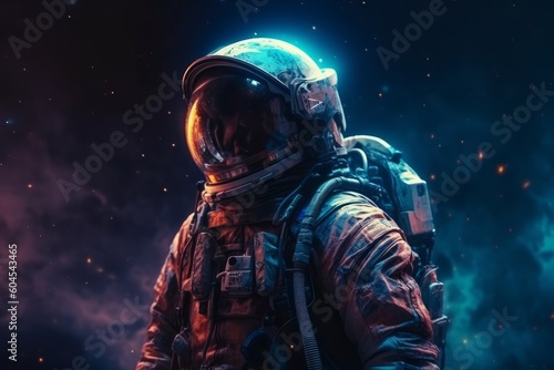Astronaut in a space suit and helmet in outer space in the background of the night city. Science fiction. 3D rendering. Neon Light, generative Ai
