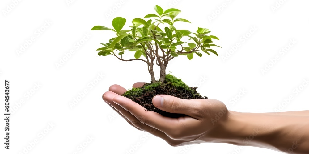 Youngman hands holding a small tree isolated on white background. Planting tree eco concept. Generative ai. Youngman hands holding a small tree isolated on white background. Planting tree eco concept. Generative ai.