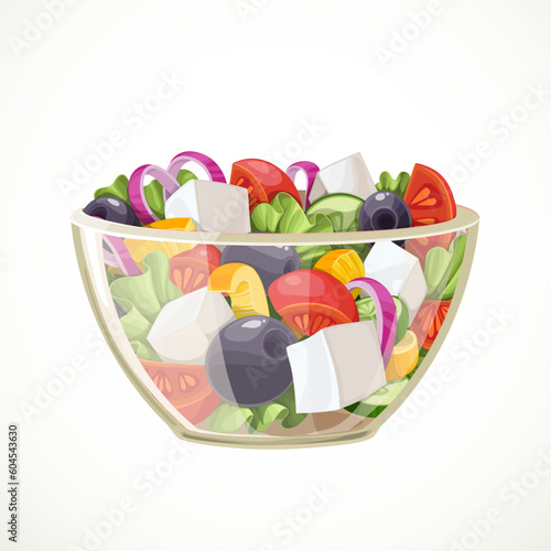 Greek salad of fresh vegetables and cheese in  in a transparent salad bowl object isolated on a white background