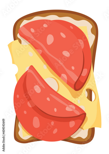 Toasts top view. Cartoon isolated slice of toasted cereal bread with with healthy toppings. Sandwiches for sweet breakfast