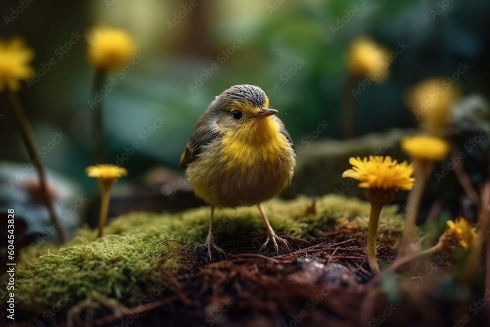 Fototapeta premium A small yellow bird sitting on a mossy branch with yellow flowers, generative Ai