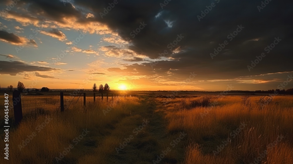 Sunset over meadow in the countryside in summer with dramatic sky, generative Ai