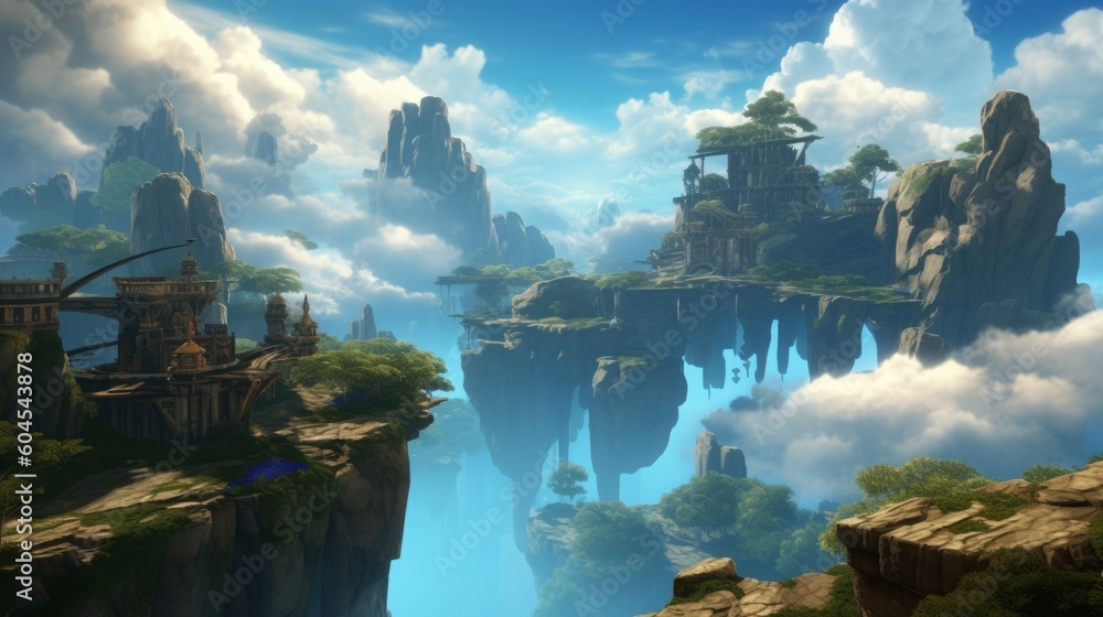 Fototapeta premium Beautiful fantasy landscape with ancient temples in the clouds. 3D rendering, generative Ai