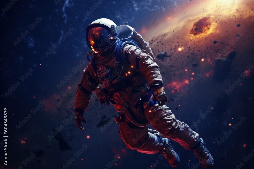 Fototapeta premium Astronaut in a space suit and helmet in outer space in the background of the night city. Science fiction. 3D rendering, generative Ai