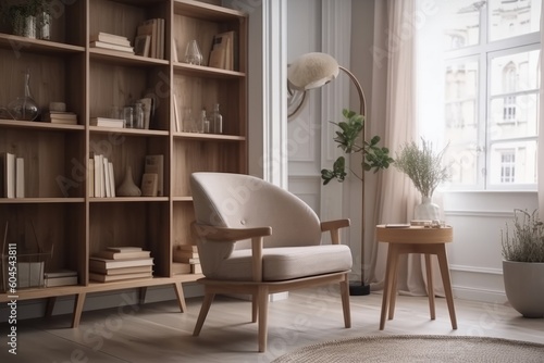 Modern living room interior with armchair, bookshelf and plants, generative Ai