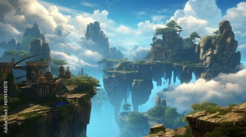 Beautiful fantasy landscape with ancient temples in the clouds. 3D rendering, generative Ai