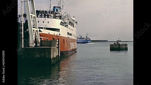 DOVER, UNITED KINGDOM - CIRCA 1979: Townsend Thoresen Ferry stopped in Dover port. Historic restored footage in 1970s. photo