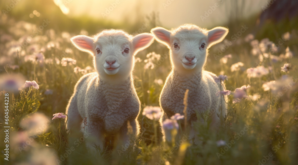Obraz premium cute little lambs with sheep on fresh green meadow during sunrise Newborn lambs in flower field, cute summer landscape