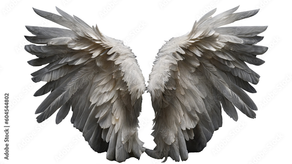 Fototapeta premium Pair of white wings with feathers isolated on transparent background. Angel/bird style Generative AI 