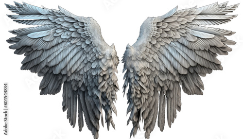 Pair of white wings with feathers isolated on transparent background.  Angel or bird style Generative AI  © Christine