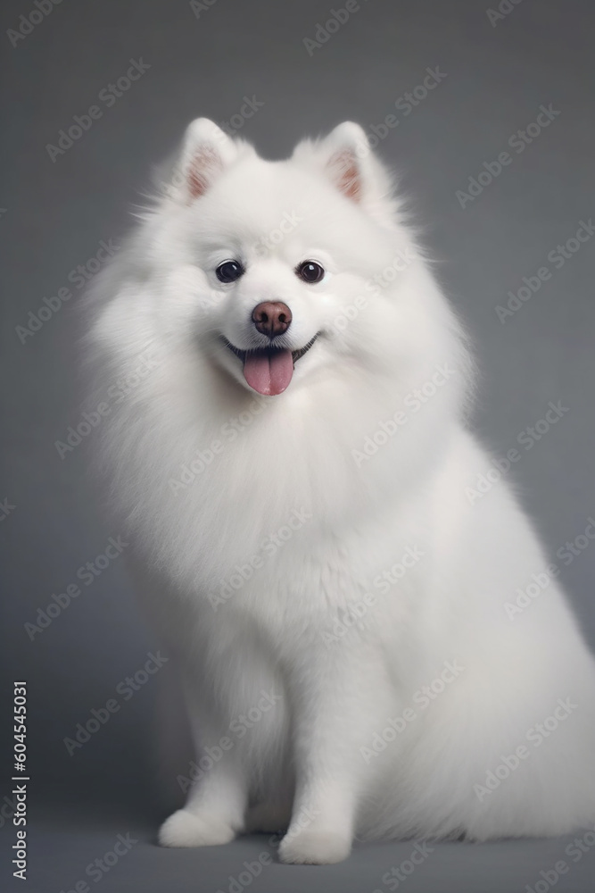 A pomeradian dog posing on a grey background