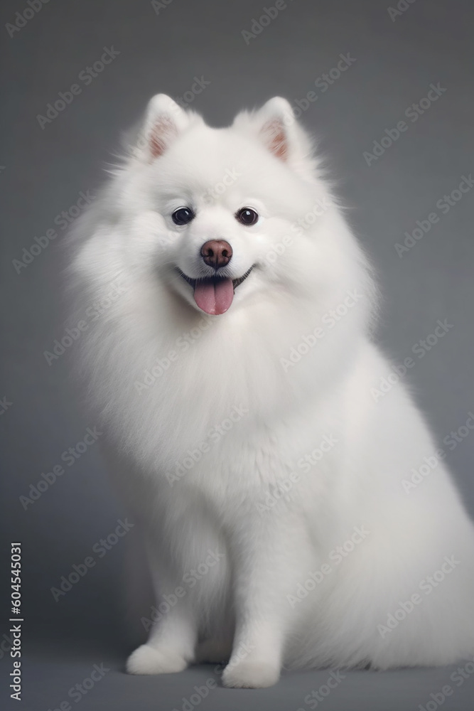 A pomeradian dog posing on a grey background A pomeradian dog posing on a grey background