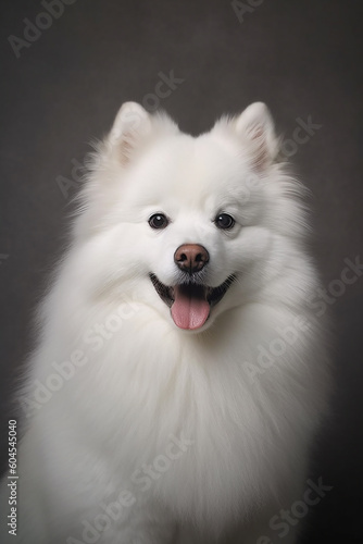 A pomeradian dog posing on a grey background