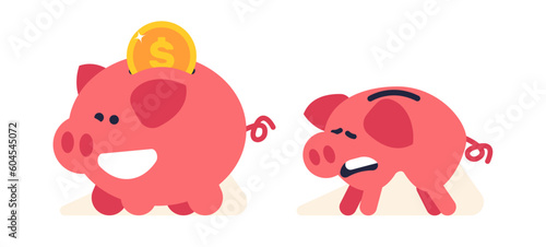 Smiling cheerful full and sad empty piggy bank. Fat money box with coin and skinny crying. Make financial savings. Income and cash in thrift-box cartoon flat isolated vector concept