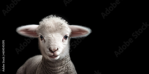 White lamb isolated on black background. cute portrait of a fluffy sheep, Close-up of a young sheep looking at camera with copy space on black background. © annebel146