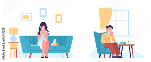 Sneezing woman and man suffer from seasonal allergies at home. Boy and girl blowing nose in handkerchief, watery eye, pollen allergy cartoon flat style isolated vector healthcare concept