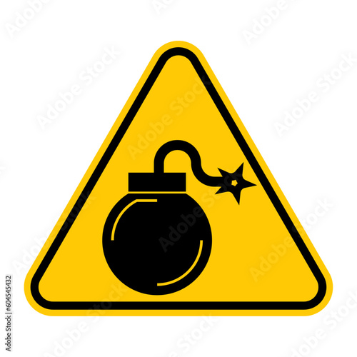 Bomb warning sign. Vector illustration of yellow triangle sign with fuse bomb icon inside. Danger zone. Caution minefield. Explosion and detonation symbol. Risk of death.