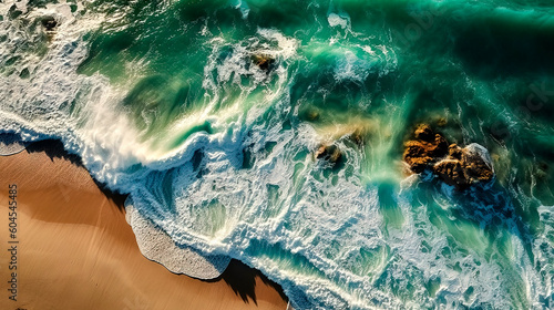 Aerial view of waves crashing onto a sandy beach with some jagged boulders, made with generative ai