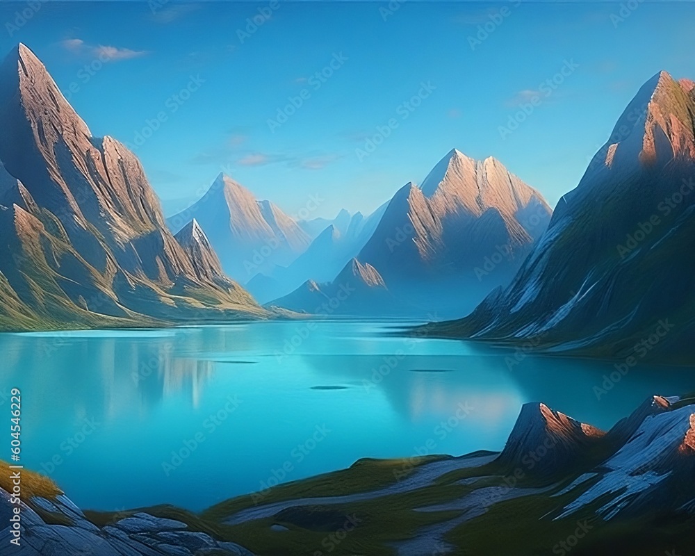 lake and blue sky with mountains, created with Gernerative AI