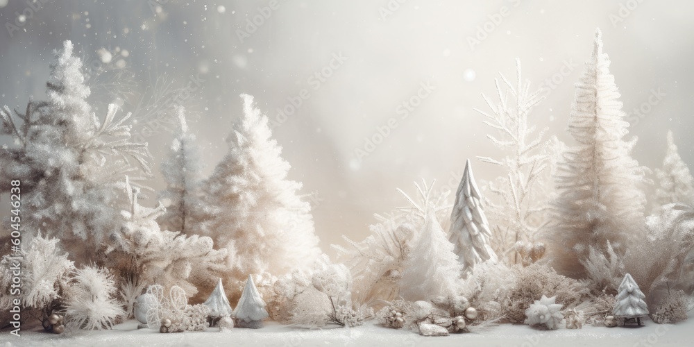 Fototapeta premium Winter fir trees and pines. Christmas and New Year background. Festive seasonal Christmas bright background. Holiday poster and banner, greeting card. generative ai