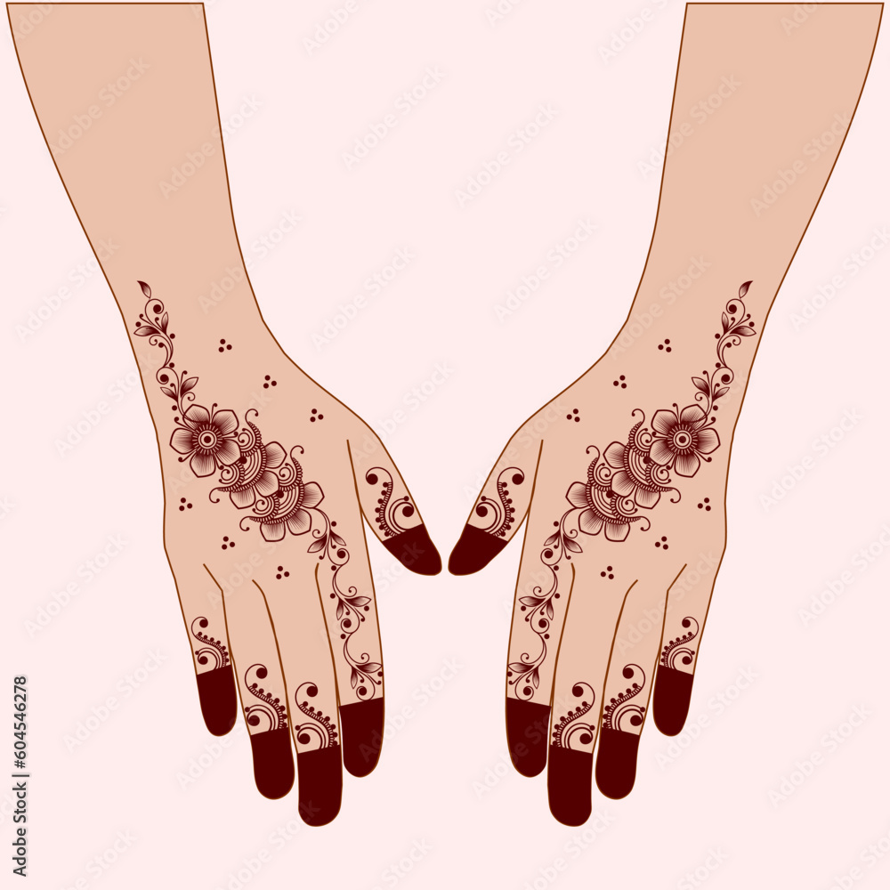 Vetor De Henna Mehndi Mehendi Mahendi Design On Two Hands Indian Arabic Asian Culture Vector