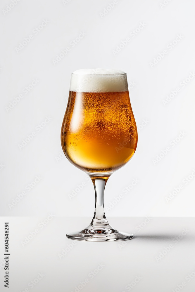 A glass of beer with foam in a white background A glass of beer with foam in a white background