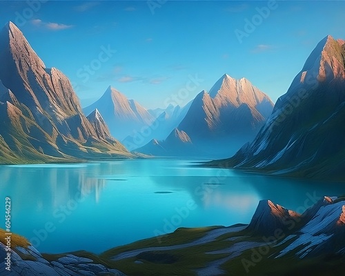 lake and blue sky with mountains, created with Gernerative AI © Julian