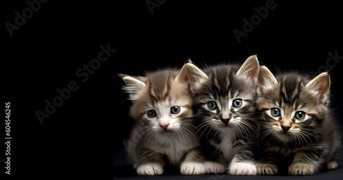 Young Kittens, cute portrait of kittens looking at camera, Isolated on Black Background copy space pet,animal,cat concept