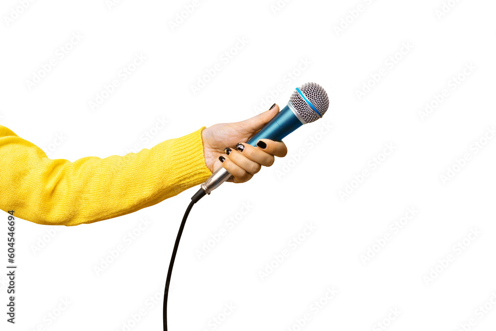 hand holding microphone isolated on transparent background - obrazy, fototapety, plakaty 