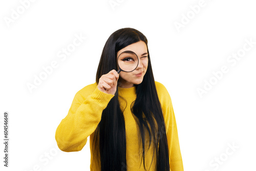 Beautiful woman looking through a magnifying glass, searching concept, isolated on transparent background