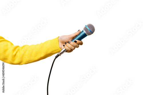 hand holding microphone isolated on transparent background photo