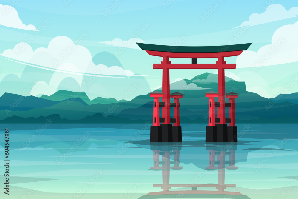 Beautiful landscape of lakefront red torii gates in japan Beautiful landscape of lakefront red torii gates in japan