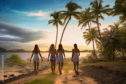 Girls in swimsuits on a path between coconut palms leading to a beach in a beautiful bay. Unrecognizable girls on the seashore. genart 6  © MaVeRa