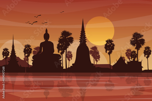 Scene silhouette of famous place in Thailand vector