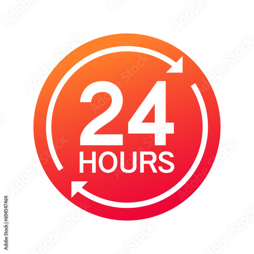Twenty four hour with arrow loop icon, 24 hours cyclic sign, Opened order execution or delivery, All day business and service, Vector design illustration