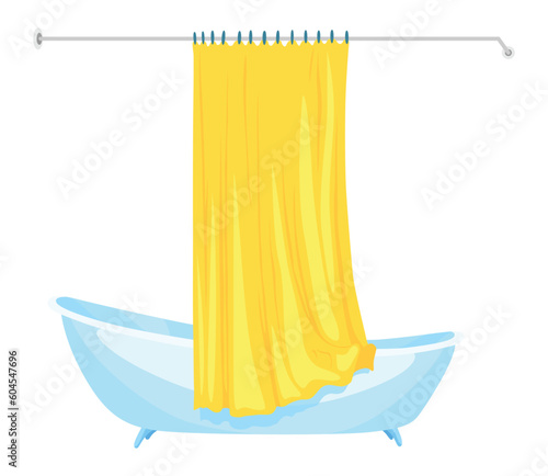 Cartoon bathroom. Vintage blue bathtub and yellow curtain isolated on white background. Bath time in flat style vector illustration. Mockup for web design