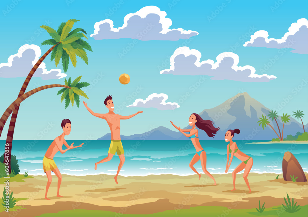 Beach volleyball resort. Cartoon man and woman player characters in beachwear playing ball in sea beach landscape. Tropical island with palm trees in ocean