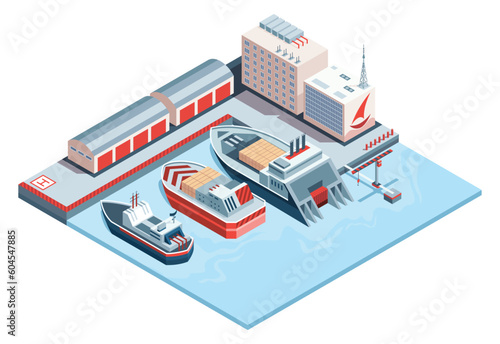 Seaport isometric icon with isolated crane and ships. City industrial dock port with container cargo industry freight. Distribution terminal or shipment vector illustration