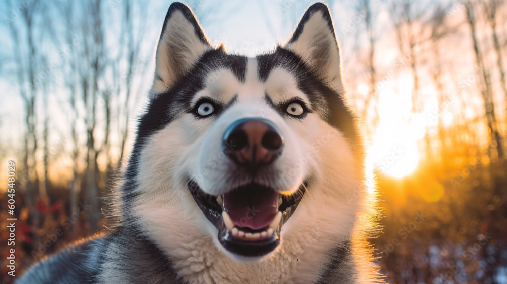 A happy Siberian Husky, its radiant blue eyes crinkled in a genuine smile made with Generative AI