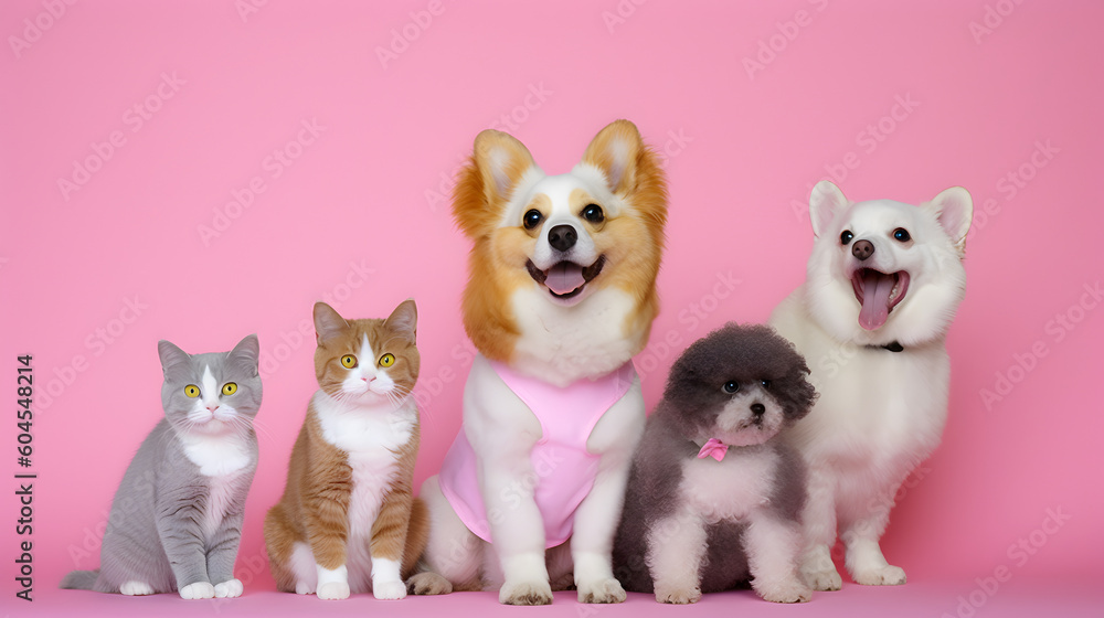 Pet cats and dogs group in neutral pink background. AI generated